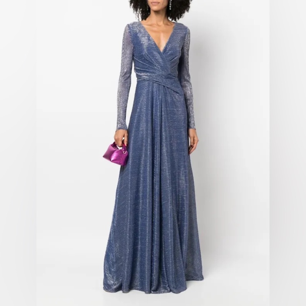 Talbot Runhof Blue Metallic V Neck Draped Gown Size 14